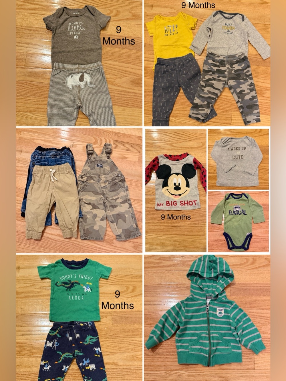 Carter's Boys 9 Months Mixed Sets - Green, Gray, Yellow, Blue, Khaki, Camo